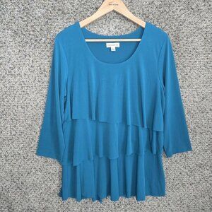 Susan Graver Top Womens Large Teal Scoop Neck Liquid Knit Layered Blouse Stretch